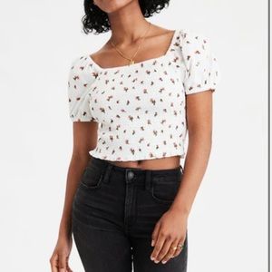 American Eagle White Floral Smocked Corduroy Crop